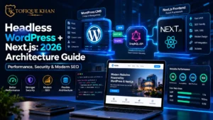 Headless WordPress Next.js architecture showing WPGraphQL connecting WordPress to a modern React frontend